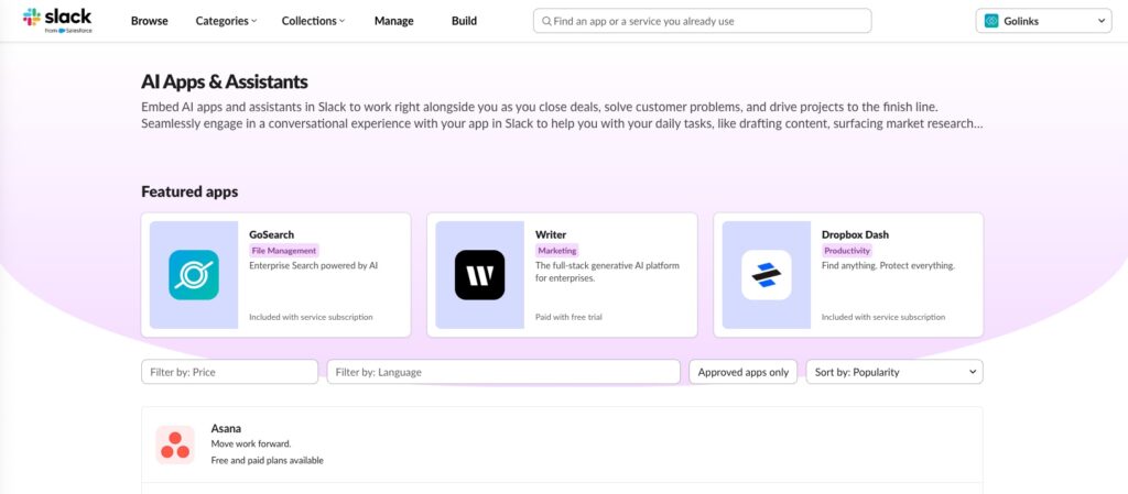 GoSearch AI Assistant and Enterprise Search app available and featured in the Slack Marketplace.
