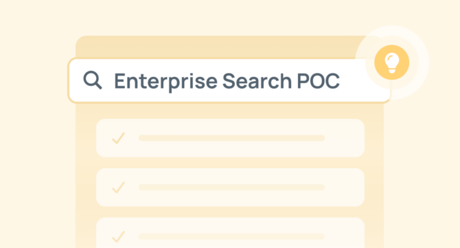 A search bar displaying "Enterprise Search POC" with a checklist below, illustrating the steps of an enterprise search proof of concept.