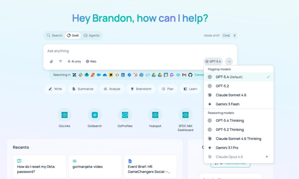 GoSearch GoAI enterprise search. Shows all flagship LLM model from OpenAI, Claude and Gemini.