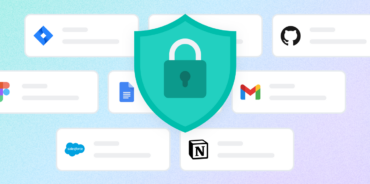 A teal security shield with a padlock icon centered among floating cards representing enterprise tools including Jira, GitHub, Figma, Google Docs, Gmail, Salesforce, and Notion — illustrating secure, permission-based data access for enterprise AI.