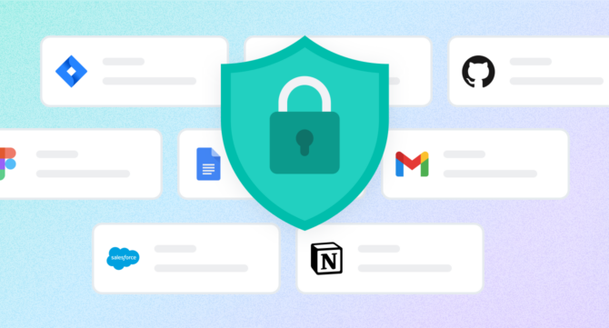 A teal security shield with a padlock icon centered among floating cards representing enterprise tools including Jira, GitHub, Figma, Google Docs, Gmail, Salesforce, and Notion — illustrating secure, permission-based data access for enterprise AI.