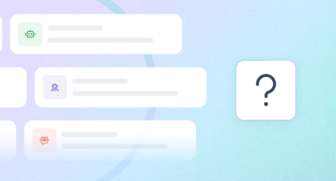 Three AI agent cards with robot icons in green, purple, and orange on a soft gradient background, alongside a question mark card — representing the uncertainty and need for human oversight in AI agent systems.