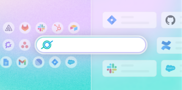 AI enterprise search interface showing a unified search bar connected to multiple workplace tools including Slack, Salesforce, Confluence, GitHub, Gmail, and Jira