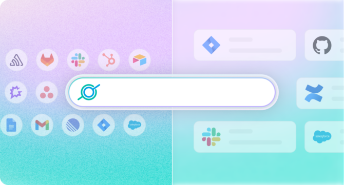 AI enterprise search interface showing a unified search bar connected to multiple workplace tools including Slack, Salesforce, Confluence, GitHub, Gmail, and Jira