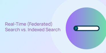 Illustration representing real-time federated search versus indexed search, featuring a search bar icon on a purple and teal gradient circle