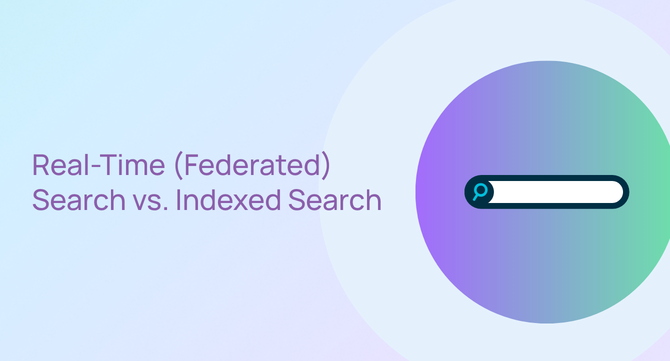 Illustration representing real-time federated search versus indexed search, featuring a search bar icon on a purple and teal gradient circle
