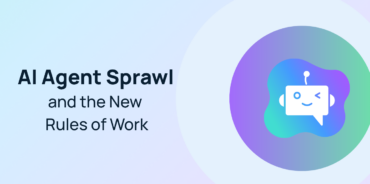 Blog header image for "AI Agent Sprawl and the New Rules of Work" featuring a friendly robot icon on a purple and teal gradient background.