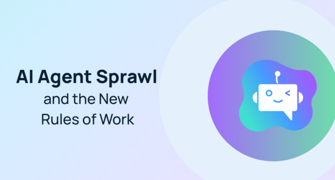 Blog header image for "AI Agent Sprawl and the New Rules of Work" featuring a friendly robot icon on a purple and teal gradient background.