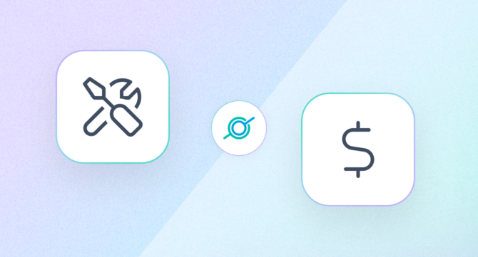 Illustration of a wrench and screwdriver icon next to a dollar sign icon, representing the build vs. buy decision for enterprise search, with the GoSearch logo between them
