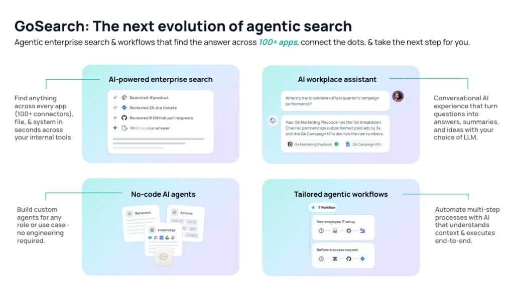 GoSearch: The next evolution of agentic search
Agentic enterprise search & workflows that find the answer across 100+ apps, connect the dots, & take the next step for you.