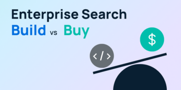 Build vs. buy enterprise search illustration: a balance scale weighing a code icon against a dollar-sign icon