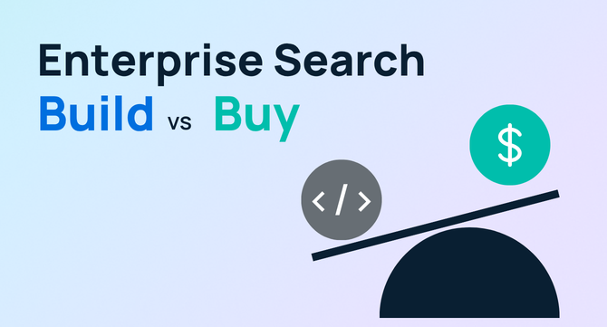 Build vs. buy enterprise search illustration: a balance scale weighing a code icon against a dollar-sign icon