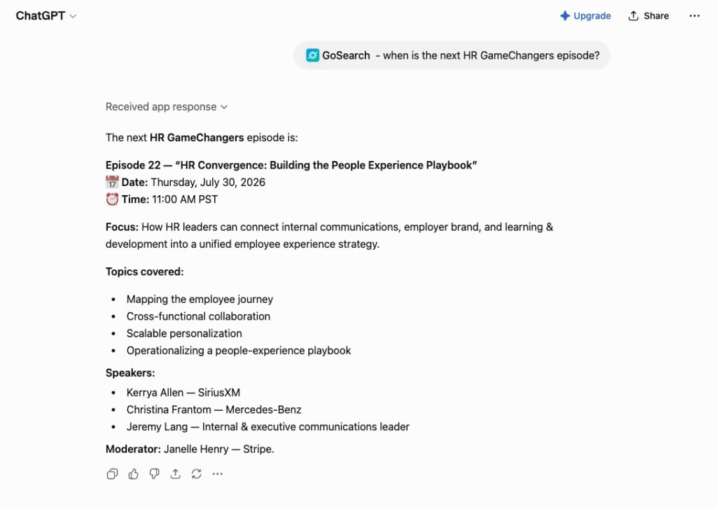 GoSearch is now available in the ChatGPT App Store, bringing real-time enterprise search into ChatGPT. Search and synthesize knowledge across 100+ apps.