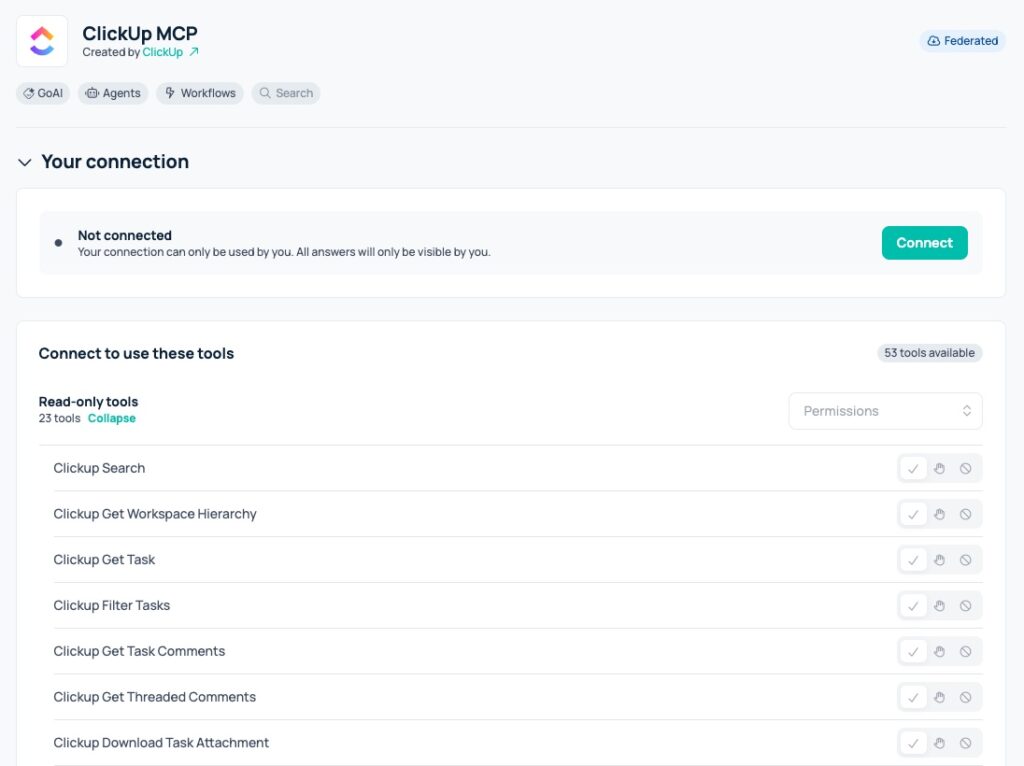 ClickUp MCP Server connection setup in GoSearch along with persmissions
