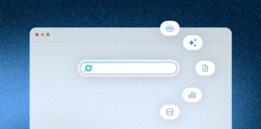 A single search bar surrounded by disconnected AI tool icons — a chatbot, a document, a database, and a chart — representing how AI sprawl scatters knowledge across separate tools before a unified search layer connects them.
