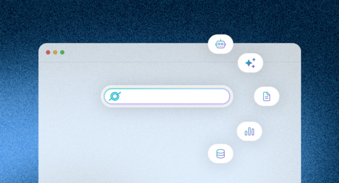 A single search bar surrounded by disconnected AI tool icons — a chatbot, a document, a database, and a chart — representing how AI sprawl scatters knowledge across separate tools before a unified search layer connects them.