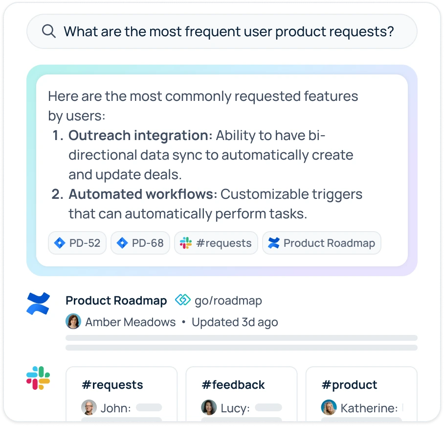 GoSearch enterprise search answering “What are the most frequent user product requests?” with a cited AI summary drawn from Jira, Slack, and Confluence