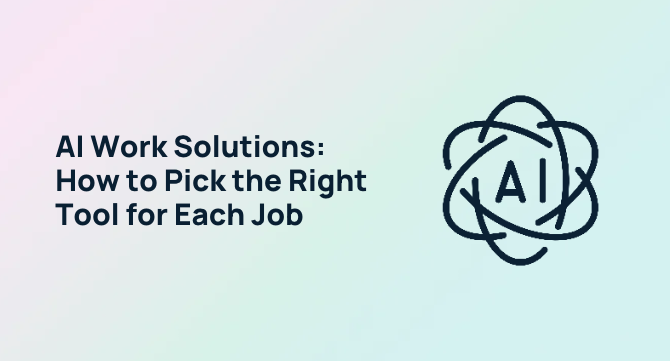 AI work solutions grouped into five categories: enterprise AI search, AI assistants, workflow automation, meeting intelligence, and AI agents