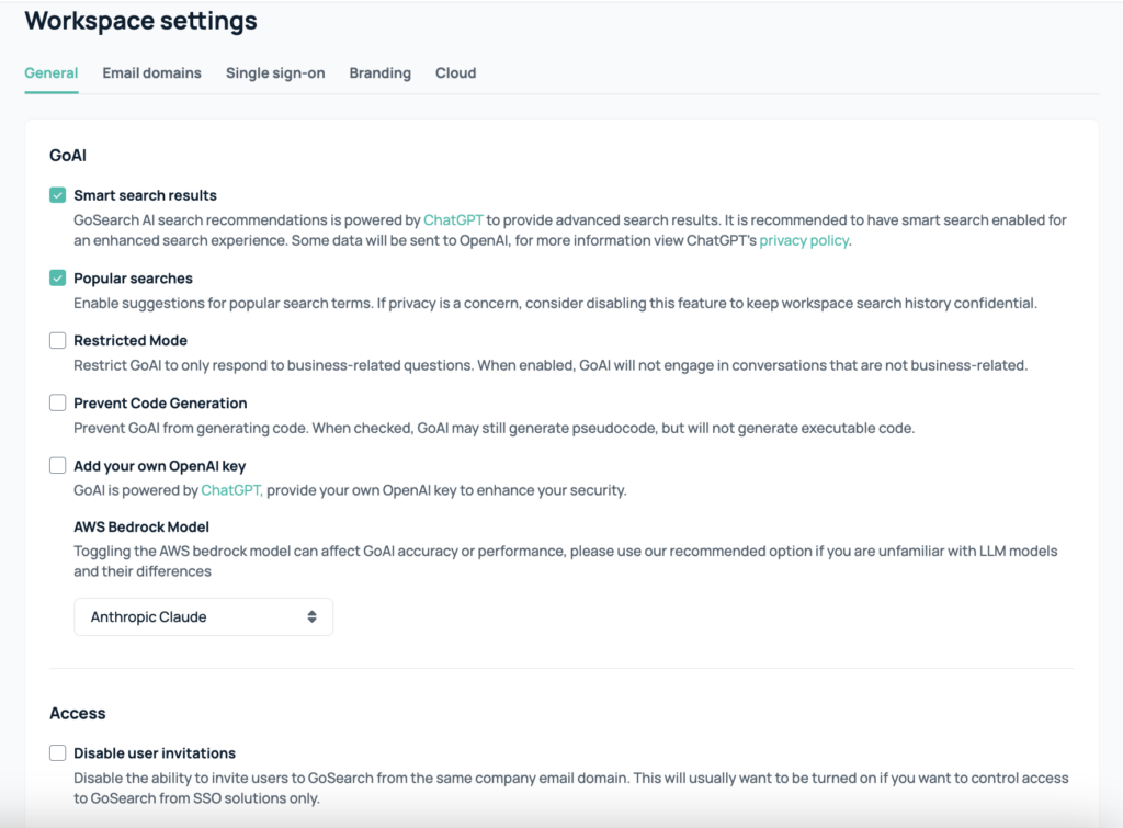 gosearch general workspace settings