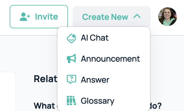 create new AI chat, announcement, answer, or glossary
