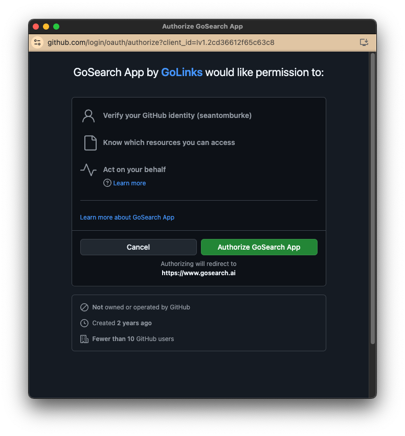 authorize gosearch app with github